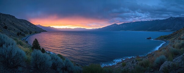 Obraz premium Lakeside sunset landscapes idea. A stunning sunset over a calm lake surrounded by mountains and lush greenery.