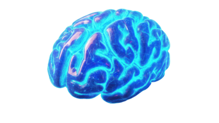Glowing blue brain showing neural connections on transparent background