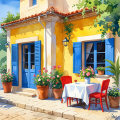 Sunlit Mediterranean Cafe Corner with Vibrant Flowers