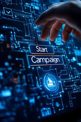 Digital marketing campaign concept with a futuristic interface, hand interacting with technology, launching an online business strategy, innovation in digital advertising and branding.  