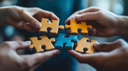 Teamwork and problem-solving concept with hands joining puzzle pieces together, collaboration and unity in business, strategy, corporate teamwork, and partnership success.  