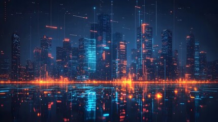 Fototapeta premium Futuristic smart city skyline with glowing digital connections, modern skyscrapers illuminated by technology, concept of innovation, artificial intelligence, and big data. 