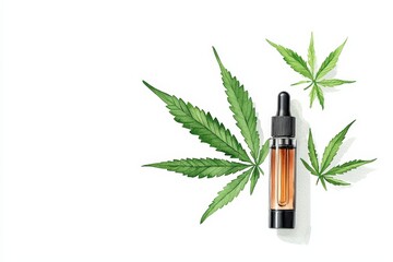 Close-up of a CBD oil bottle surrounded by fresh cannabis leaves, highlighting natural health and wellness.