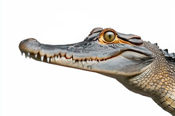 Fototapeta premium Close-up of a crocodile showcasing its sharp teeth and detailed scales against a white background.
