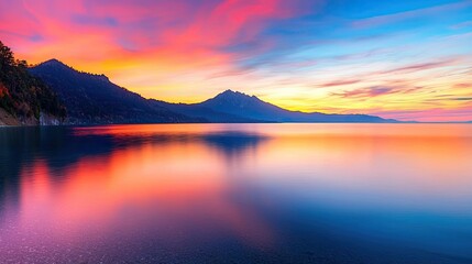 Mountain range landscapes concept. Vibrant sunset reflects on serene water, with mountains silhouetted against a colorful sky.
