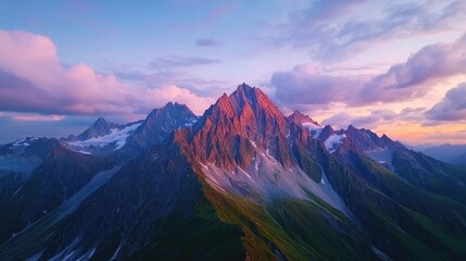 Obraz premium Mountain range landscapes concept. Stunning mountain peak illuminated by sunset, showcasing nature's breathtaking beauty.