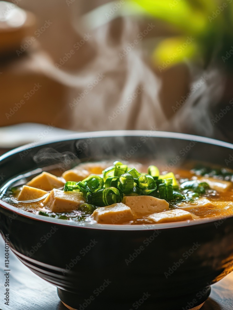 Poster delicious steaming bowl of miso soup with tofu and green onions ready to be enjoyed in a cozy settin
