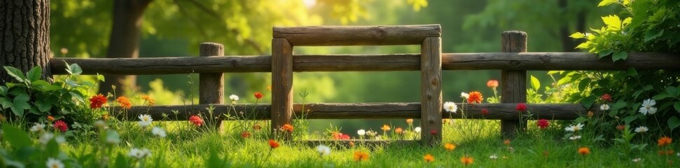 Fototapeta premium Empty frame on wooden fence in natural surroundings, scenery, empty space