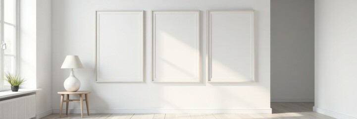 Empty white frames on a minimalist wall with a small side table and a floor lamp, , modern interior