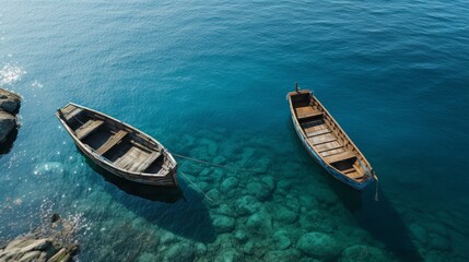 Obraz premium Serene aerial view of boats drifting on tranquil waters in soft shades of blue and turquoise