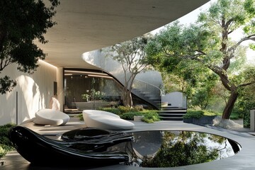 Fototapeta premium A futuristic smart home where ancient greenery contrasts with sleek technology