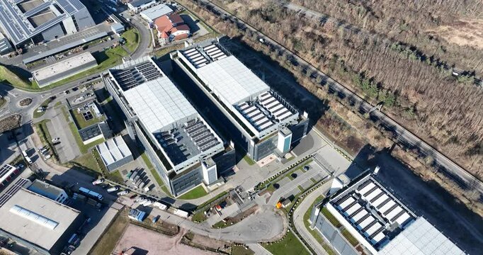 Aerial view of the NTT Global Data Centers Rechenzentrum Frankfurt 3 in Russelsheim am Main, Germany