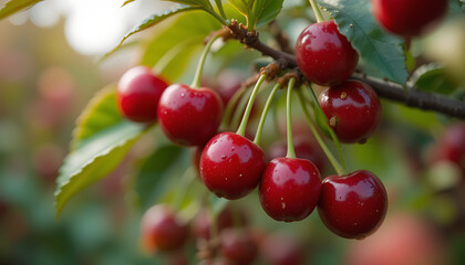 Amazing macro shot of cherry fruit on tree