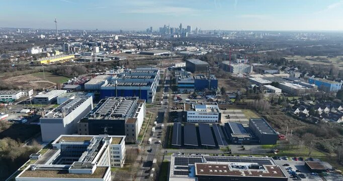 Aerial view of the NTT Global Data Centers Rechenzentrum Frankfurt 4 in Hattersheim am Main, Germany