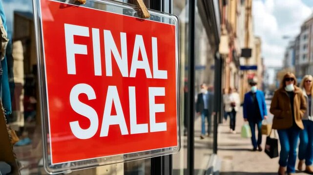 Bright red "Final Sale" sign on a store window with a busy shopping street in the blurred background. A dynamic retail scene. 4K video