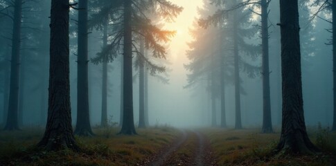 Foggy forest with tall firs, misty atmosphere, firs, landscape