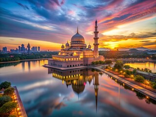 Fototapeta premium Majestic Sunset Long Exposure: Putrajaya Mosque & Cityscape Aerial View