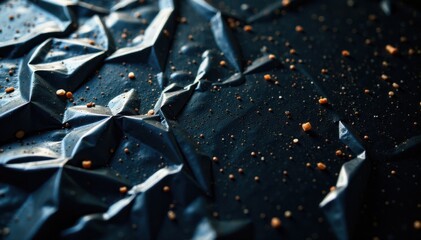 wrinkled plastic wrap texture on a black background with debris, torn plastic sheet, plastic wrap damage