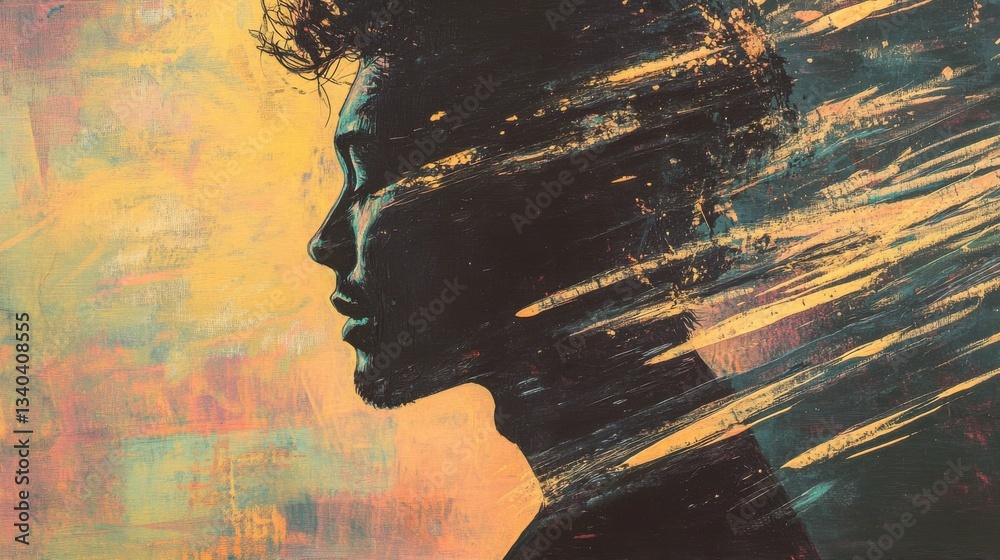 Poster mystical profile of a man with vibrant colors enhancing the emotional depth and creativity of the ar