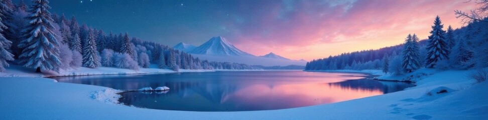 Fototapeta premium Frozen Lake with Snow-covered Trees and Stars, frosty landscape, calm landscape, trees