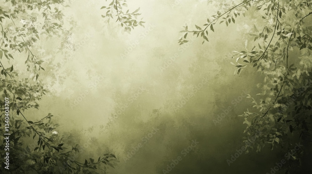 Poster soft olive green background with delicate foliage framing a serene and tranquil atmosphere for relax