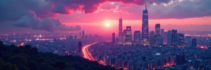 Fototapeta premium Futuristic cityscape at dawn with sleek skyscrapers and neon lights glowing softly in the background , space age,