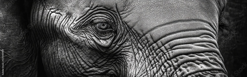 Poster Close-up view of an elephant's face showcasing detailed textures and expressive features in natural habitat