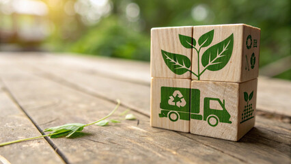 wooden block with green logistics icon represents eco friendly transportation and sustainability
