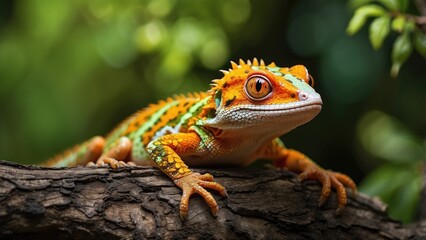 Fototapeta premium A vibrant gecko perched on a textured tree trunk, surrounded by lush green foliage.