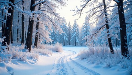 Frosty forest landscape with snow-covered trees and bare branches, forest, snow