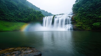 Fototapeta premium Rainbow waterfall landscapes dramatic concept. Majestic waterfall cascading down green mountains under a cloudy sky.
