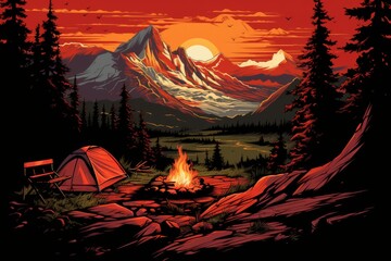 Camping adventure  tent and campfire silhouette amidst majestic mountains and lush trees