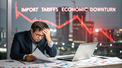 businessman with worried expression sits at desk analyzing financial documents