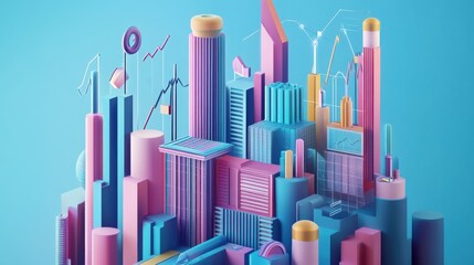 Futuristic real estate composition showcasing vibrant skyscrapers and innovative designs in a digital landscape