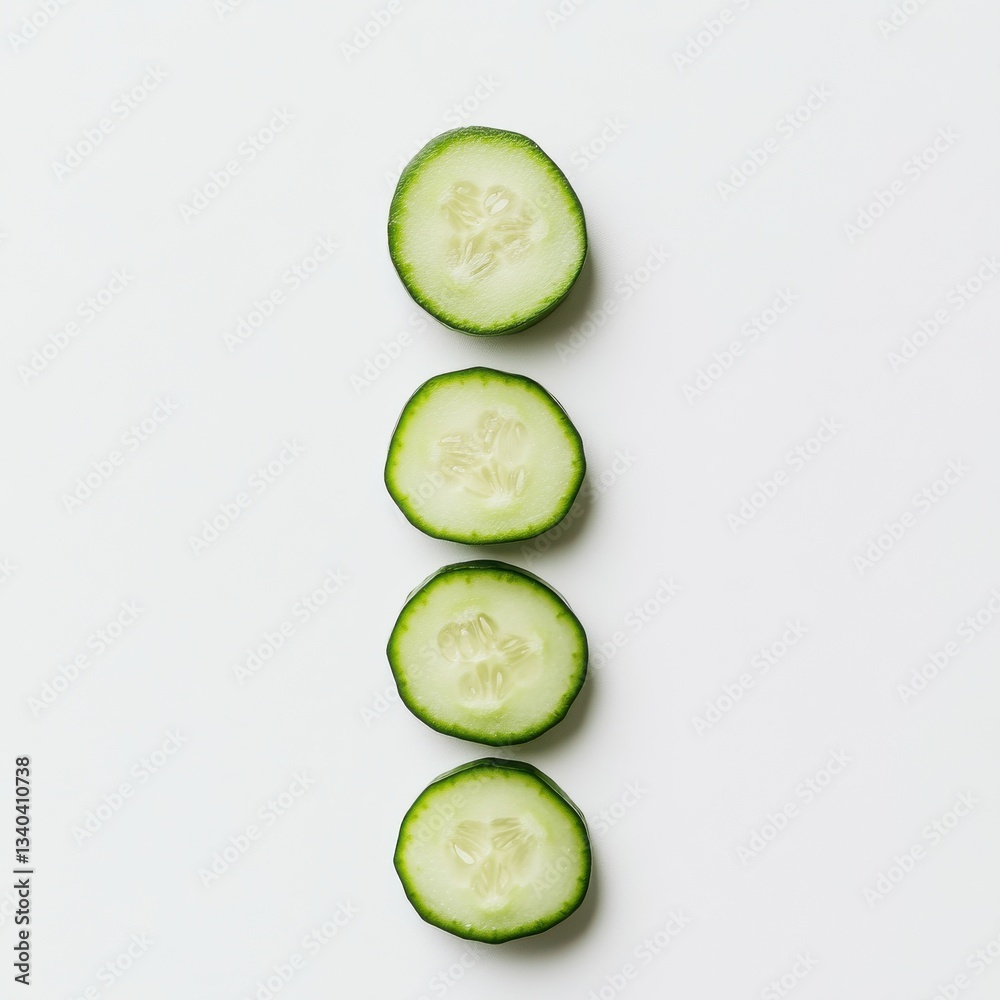Poster freshly sliced green cucumber coins arranged on a clean surface for healthy meal preparation or snac