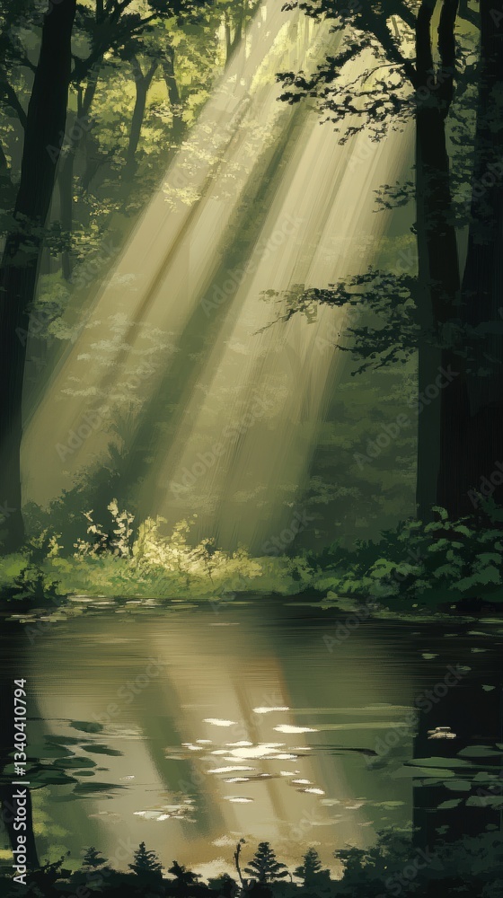 Aufkleber captivating forest ambience with earthy green tones and sunlight filtering through trees, creating a