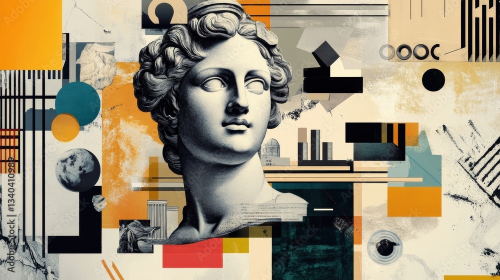 Poster gallery layout showcasing classical sculpture surrounded by modern abstract art elements