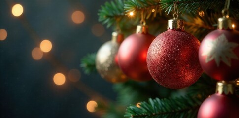 Obraz premium Glittering Christmas ornaments suspended from a metallic frame, holiday, ornaments, frame