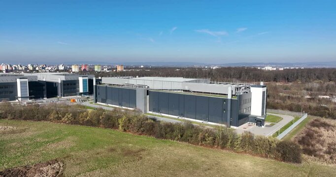 Aerial view of the NTT Global Data Centers Rechenzentrum Frankfurt 3 in Russelsheim am Main, Germany