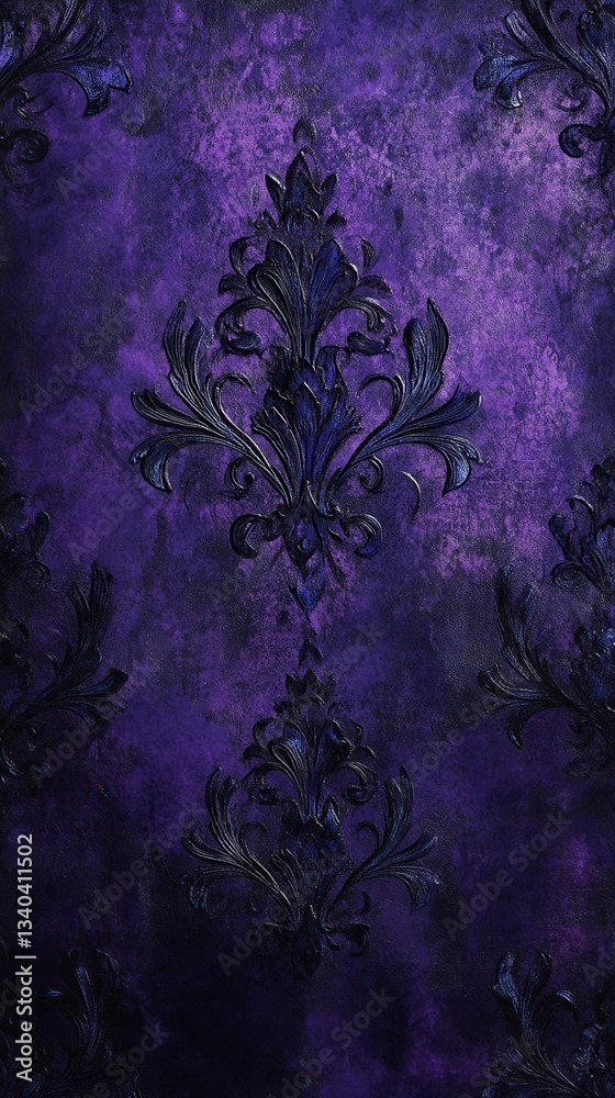Poster Deep purple textured background with intricate dark floral patterns creating a moody atmosphere in an elegant space
