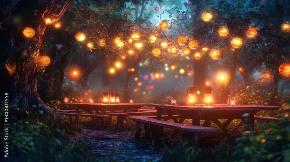 Aufkleber Creative evening setup with picnic tables illuminated by warm lights in a serene forest