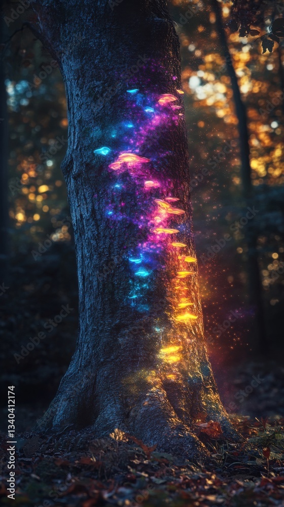 Poster glowing tree stands tall in a mystical forest at dusk, illuminated by vibrant colors and magical mus