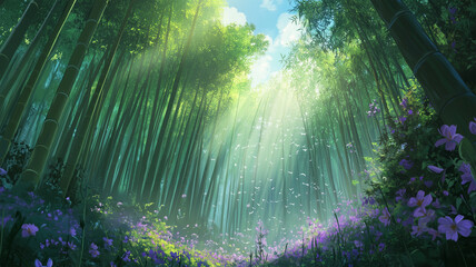 Obraz premium 光が差し込む幻想的な竹林と紫色の花々