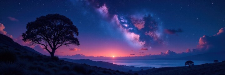 Obraz premium Glowing starry atmosphere in the midnight hour, atmospheric light, midnight sky