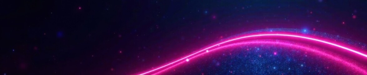 Obraz premium Geometric curve with neon stripes pierces the darkness of a shimmering black background, neon colors, geometric shapes