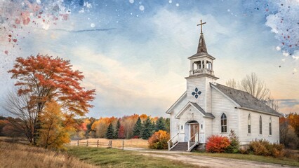 White church surrounded by autumn colors under a watercolor sky, a peaceful rural scene in the countryside