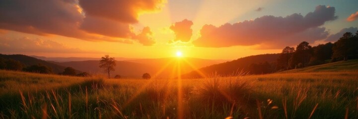 Golden light rays illuminate a serene landscape at sunset,  sun, golden
