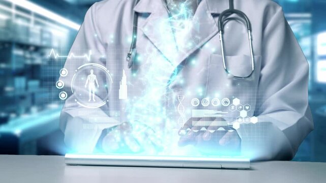 Close up of medical worker typing keyboard with DNA hologram floating at hospital. Skilled doctor searching and analyzing medical data about genetic symptom from medical research technology. Remedial.