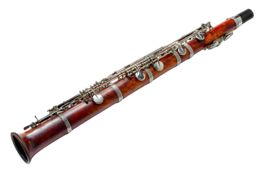 Wooden Oboe Woodwind Musical Instrument with Silver Keys and Transparent Background for Musical Performance and Fine Arts