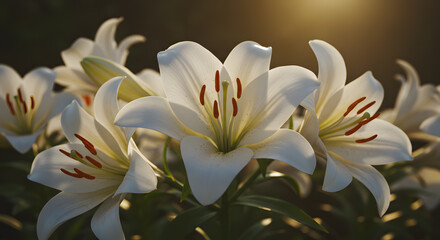 Fototapeta premium Blooming White Lily Flowers at Sunset with Warm Light and Green Foliage